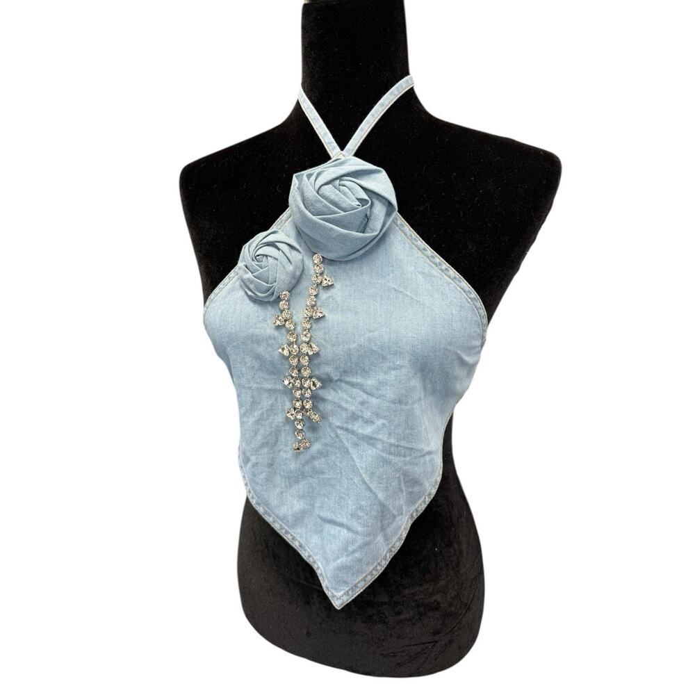 AREA Floral Appliqué Denim Halter Top Super Light Blue Medium 100% Cotton - Picture 8 of 12